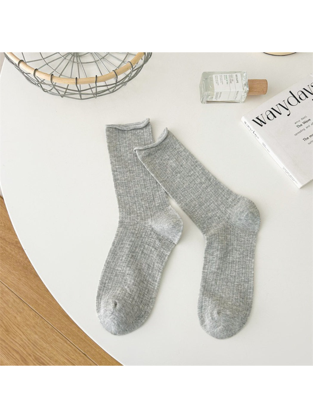 Rufia beige rolled edge textured crew socks worn with sneakers