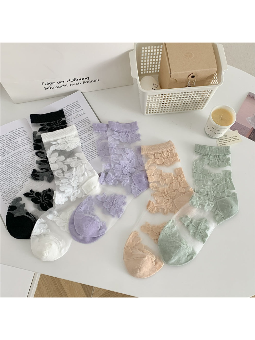 Rufia - Delicate Floral Tulle Crew Sheer Socks