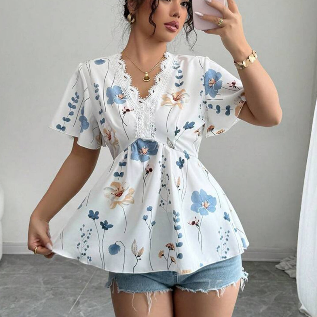 Troposa - Floral V-Neck Peplum Blouse - Summer Ready