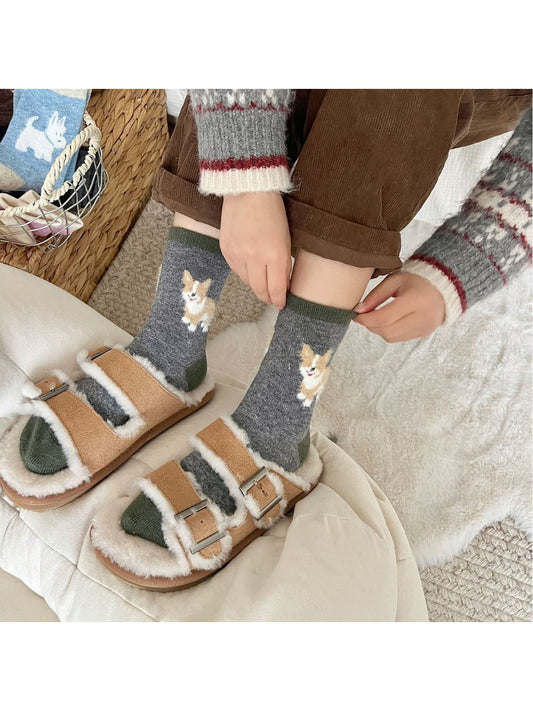 Rufia - Playful Dog Motif Colorblock Crew Socks