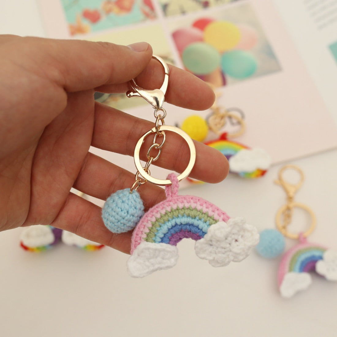Koco Knitted Rainbow Keychain color options including RED, PURPLE