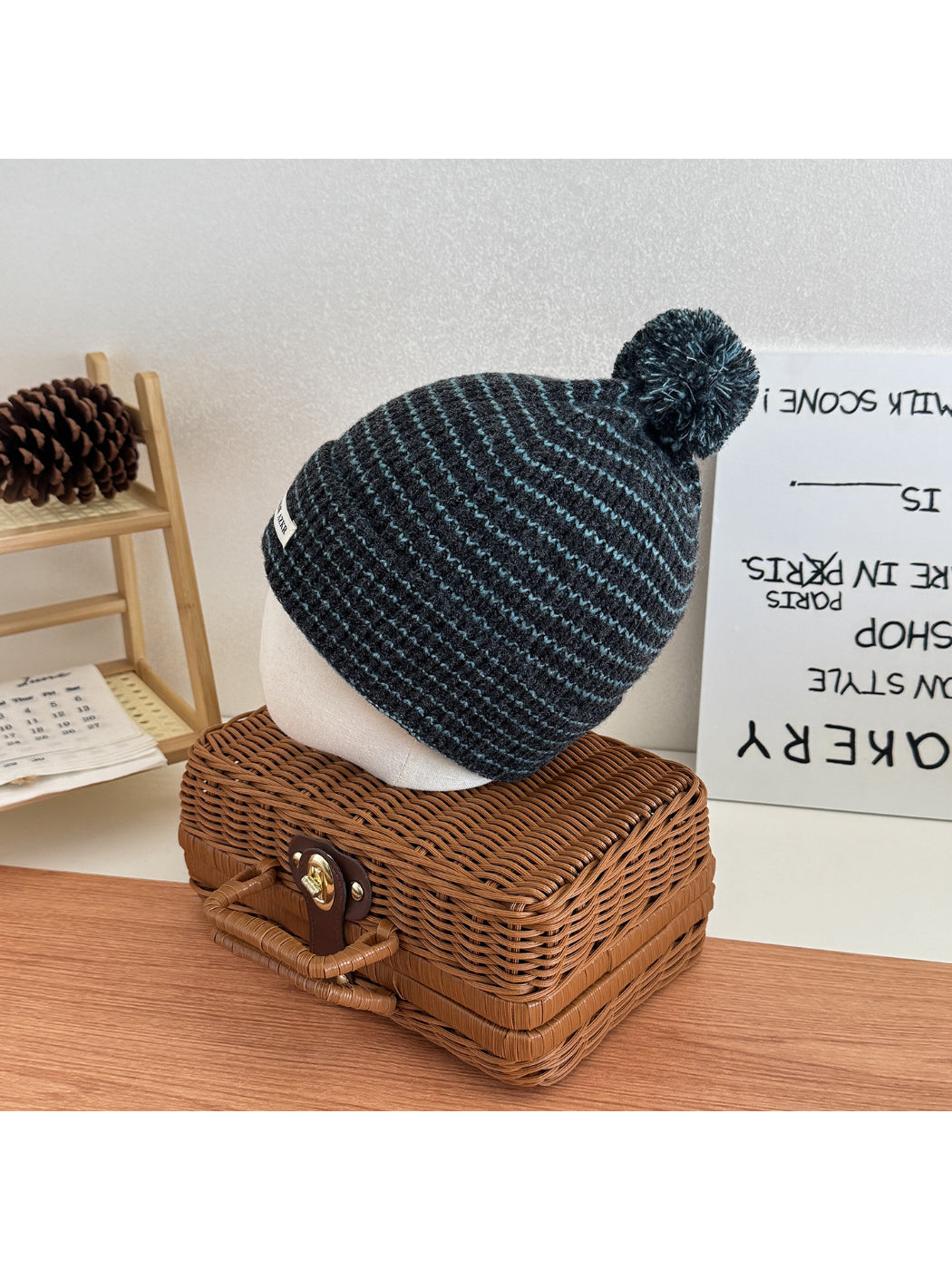 Haila - Wavy Stripe Fuzzy Folded Cuff Pom-Pom Beanie