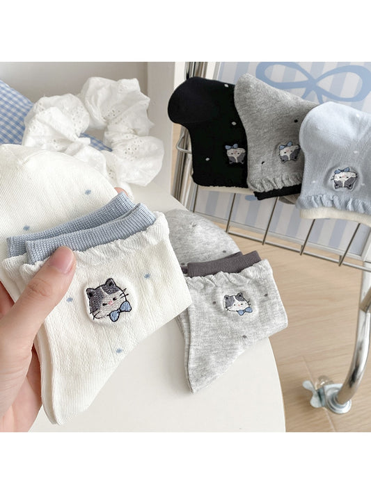 Rufia - Cute Cat Embroidery Polka Dot Ankle Socks