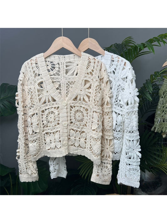 Crosa - Short Style Openwork Knit V Neck Cardigan