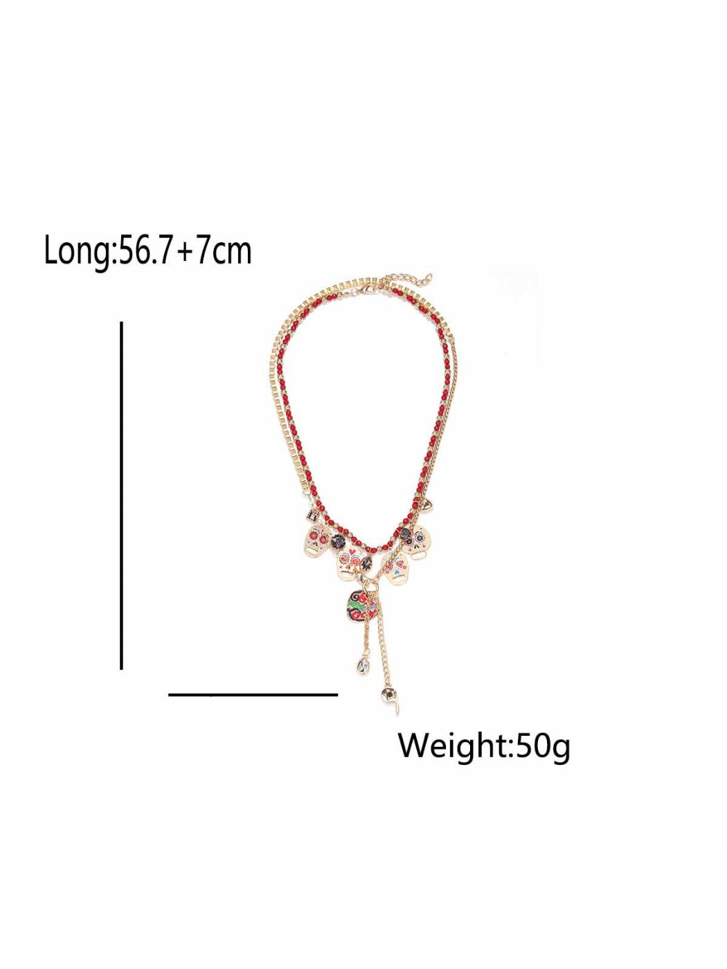 Neckit layered necklace with skull charm and red beads arranged flat on a light surface