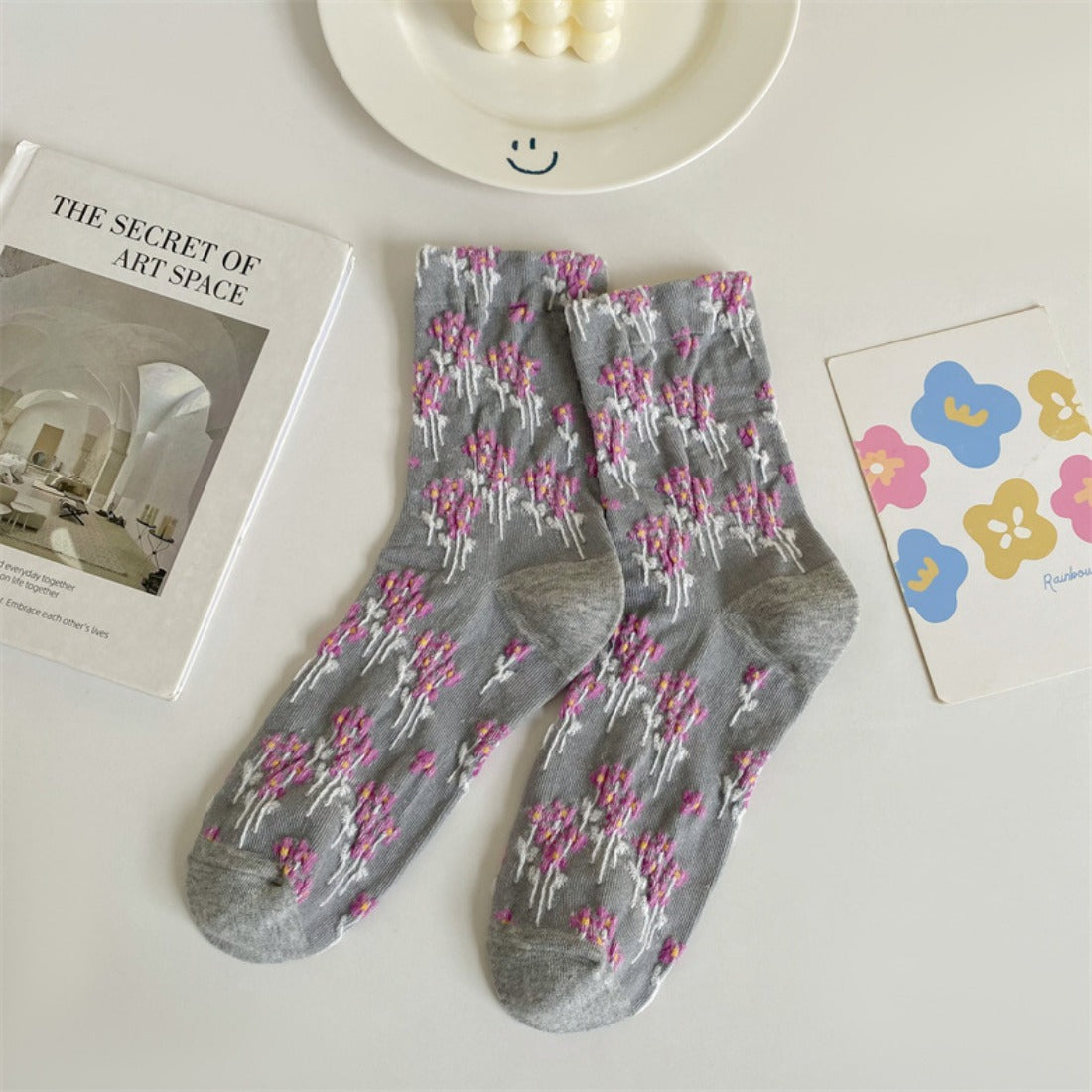 Rufia - Embossed Floral Colorblock Mid-Calf Socks