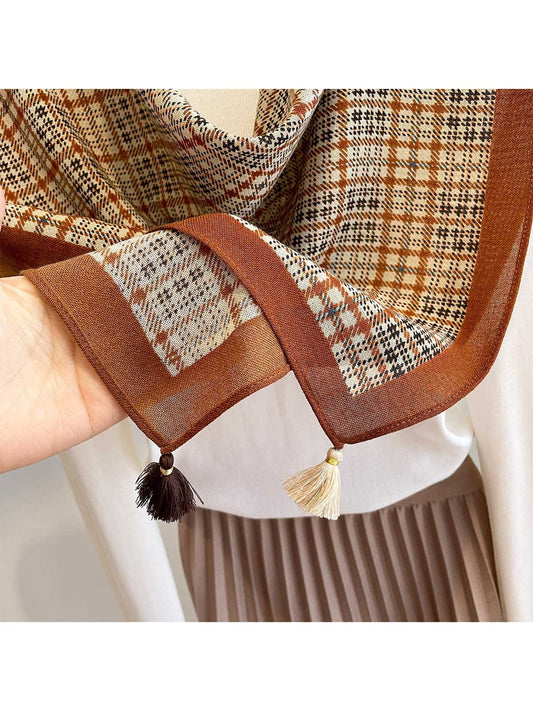 Scarvii - Vintage Check Print Border Tassel Square Scarf