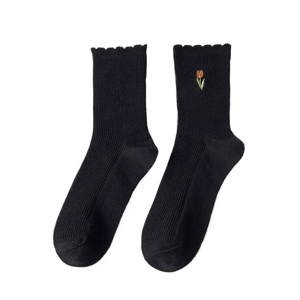 Rufia - Solid-Color Floral Tulip Socks - Sweet & Classic