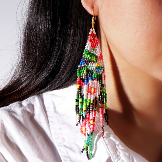 Earwish - Beaded Flag Tassel Earrings - Colorful & Boho