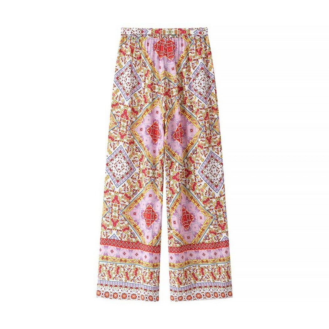 Troposa - Boho Print Top And Pants Set - Colorful & Chic