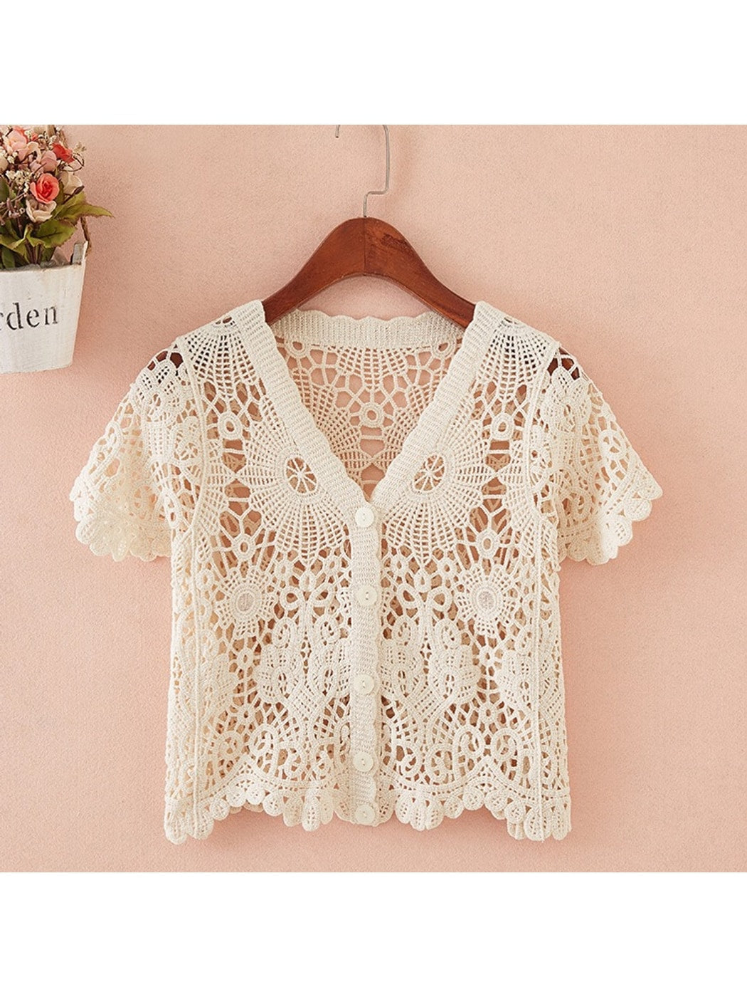 Crosa - Vacation Style V-Neck Hollow Out Knit Cardigan