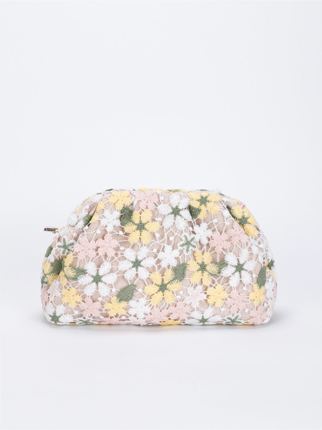 Cosbai crochet floral makeup pouch folded flat showing flexible fabric