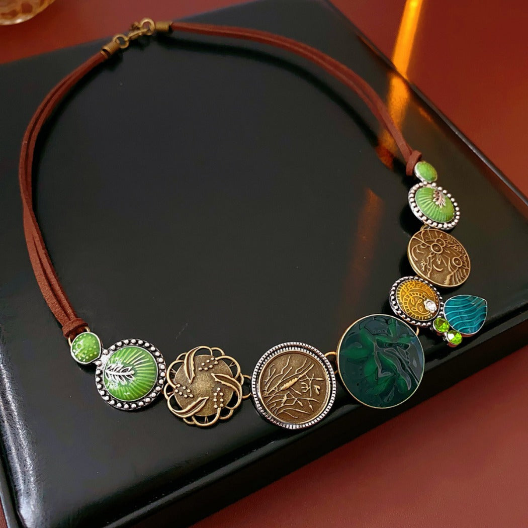 Bauai - Boho Round Bead Necklace with Leaf Charm - Vintage