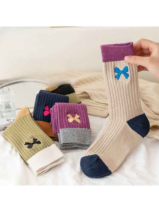 Rufia - Preppy Embroidery Bow Color Block Crew Socks