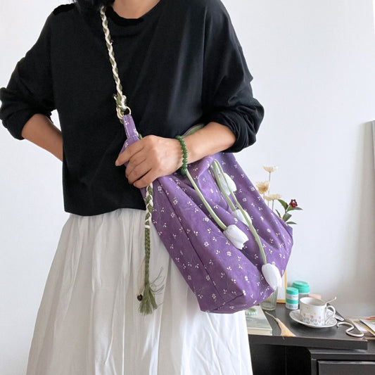 Close-up of Cosbai Garden Floral Shoulder Bag showing detailed floral embroidery and fabric texture