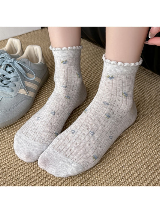 Rufia - Sweet Floral and Heart Print Crew Socks
