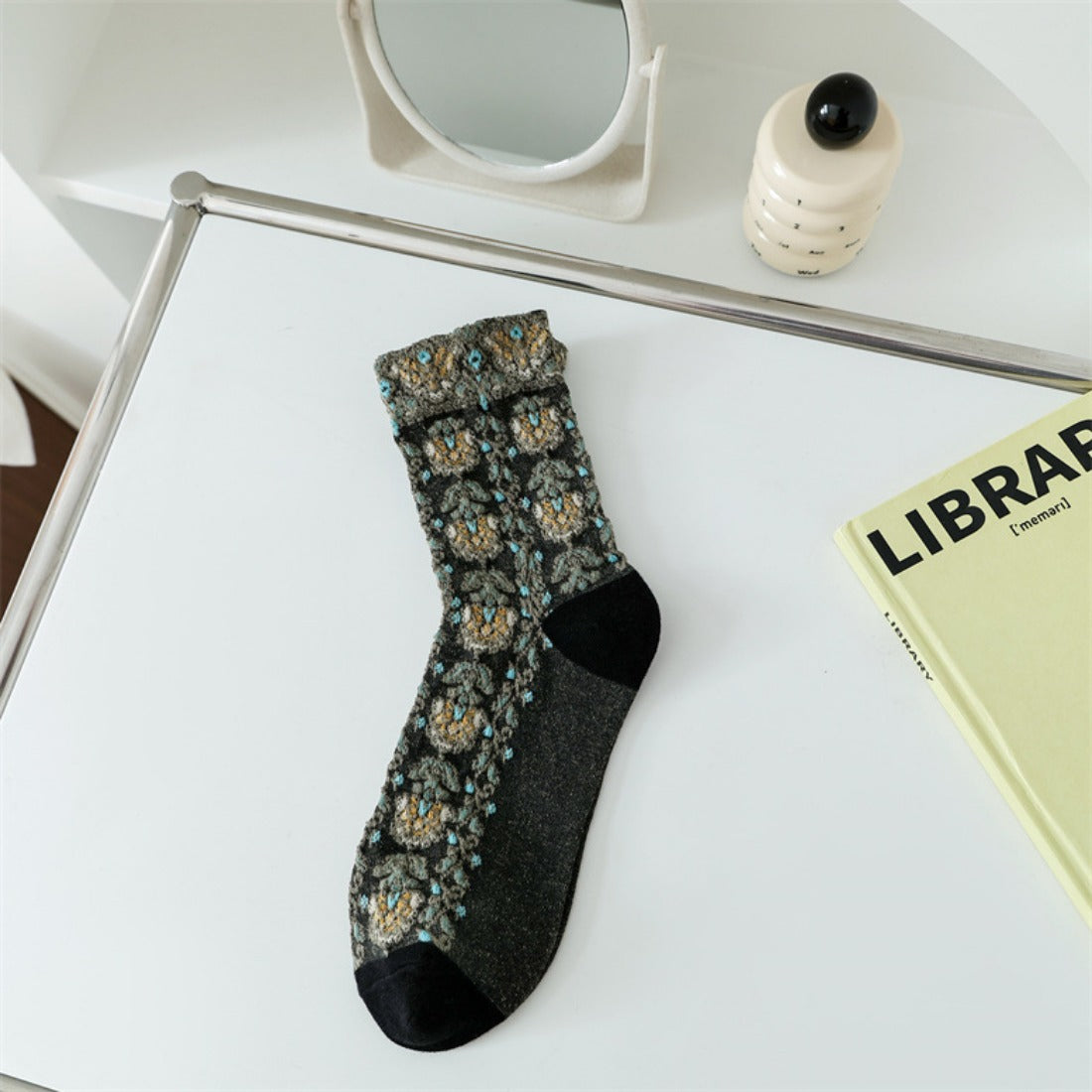 Rufia - Embossed Vintage Floral Mid-Calf Socks