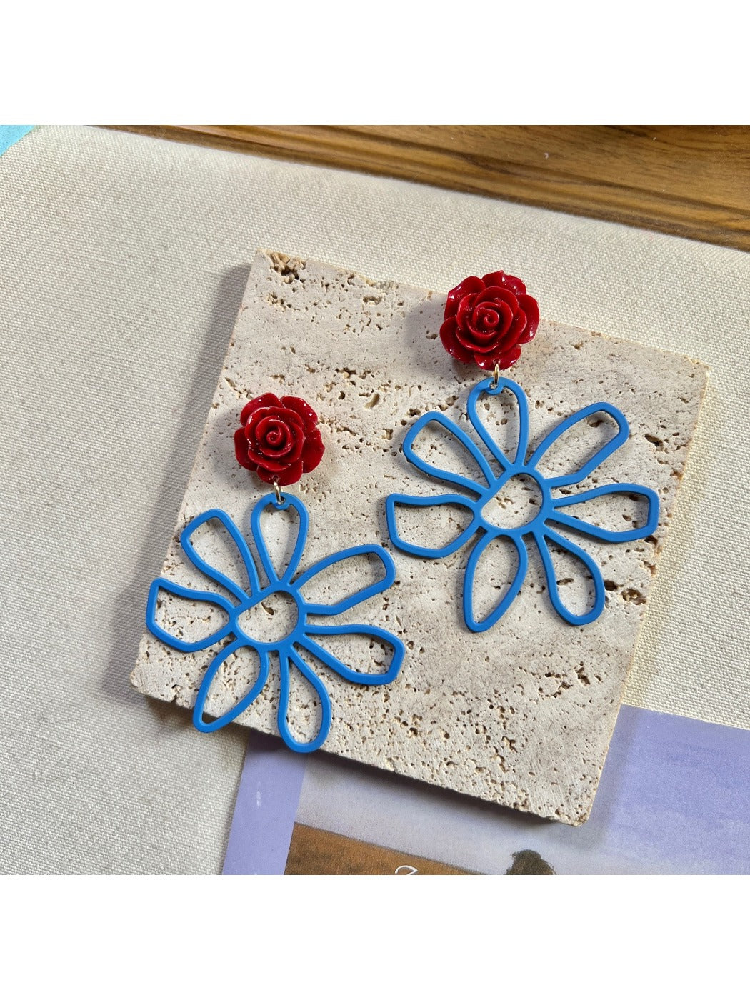 Earwish - Red Blue Flower Shaped Earrings