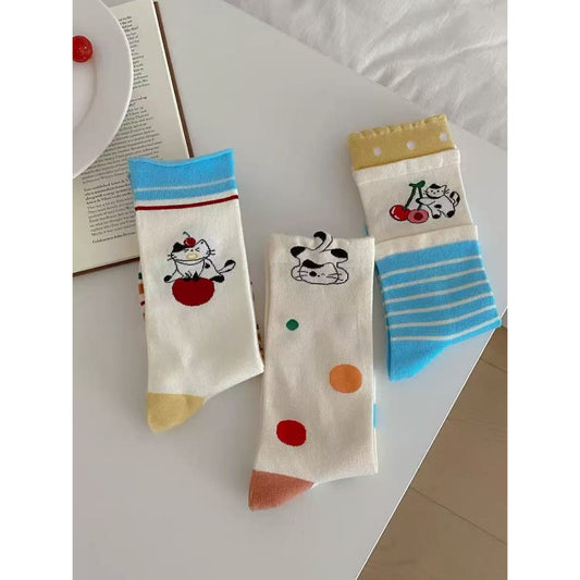 Close-up of Rufia Dog Cat Stripe Crew Socks highlighting dog and cat stripe design