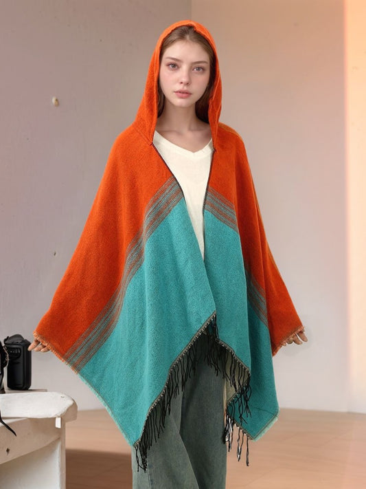 Scarvii - Bold Cozy Vintage Color Block Hooded Cape Scarf