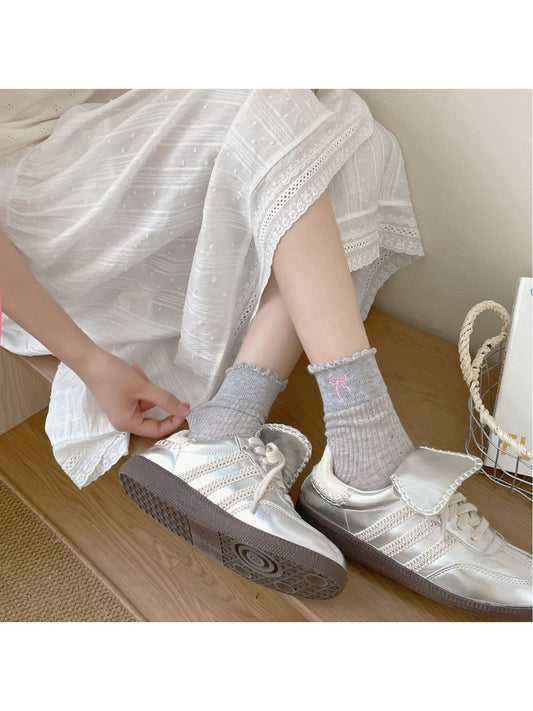 Rufia - Speckled Ribbed Bow Detail Casual Crew Socks
