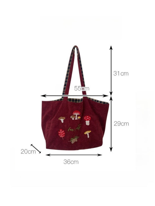 Cosbai – Retro Corduroy Mushroom Embroidered Shoulder Bag