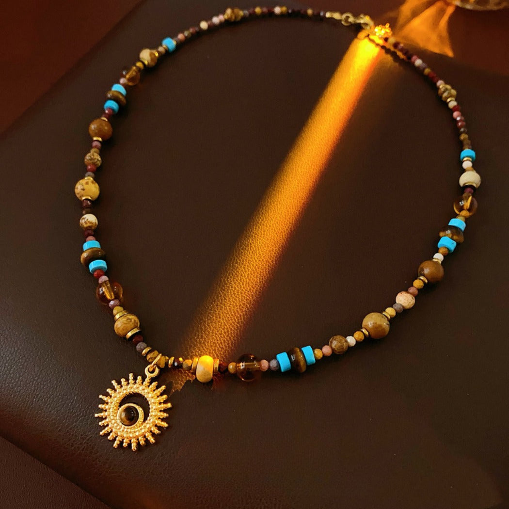 Bauai - Vintage Sun Pendant Beaded Necklace - Boho & Unique