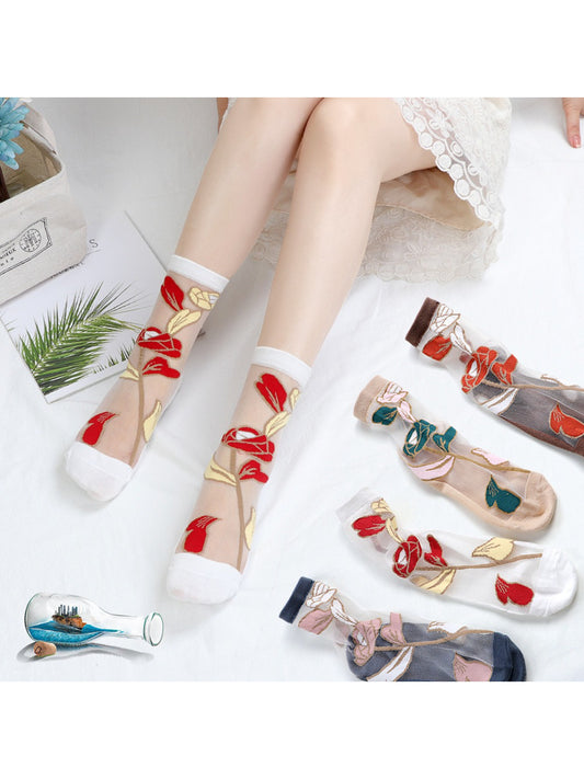 Rufia - Sheer Bloom Embroidered Crew Socks