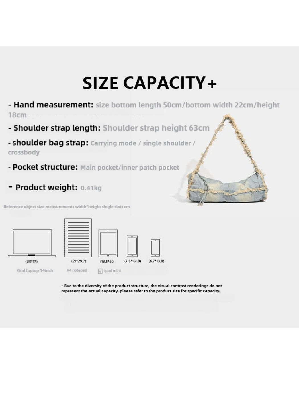Cosbai - Large-capacity Washed Denim Bag with Shoulder Strap