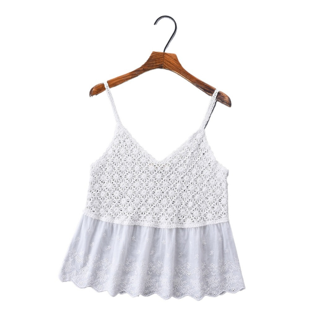 Vesty - Lace-Knit V-Neck Cami Top - White & Beige