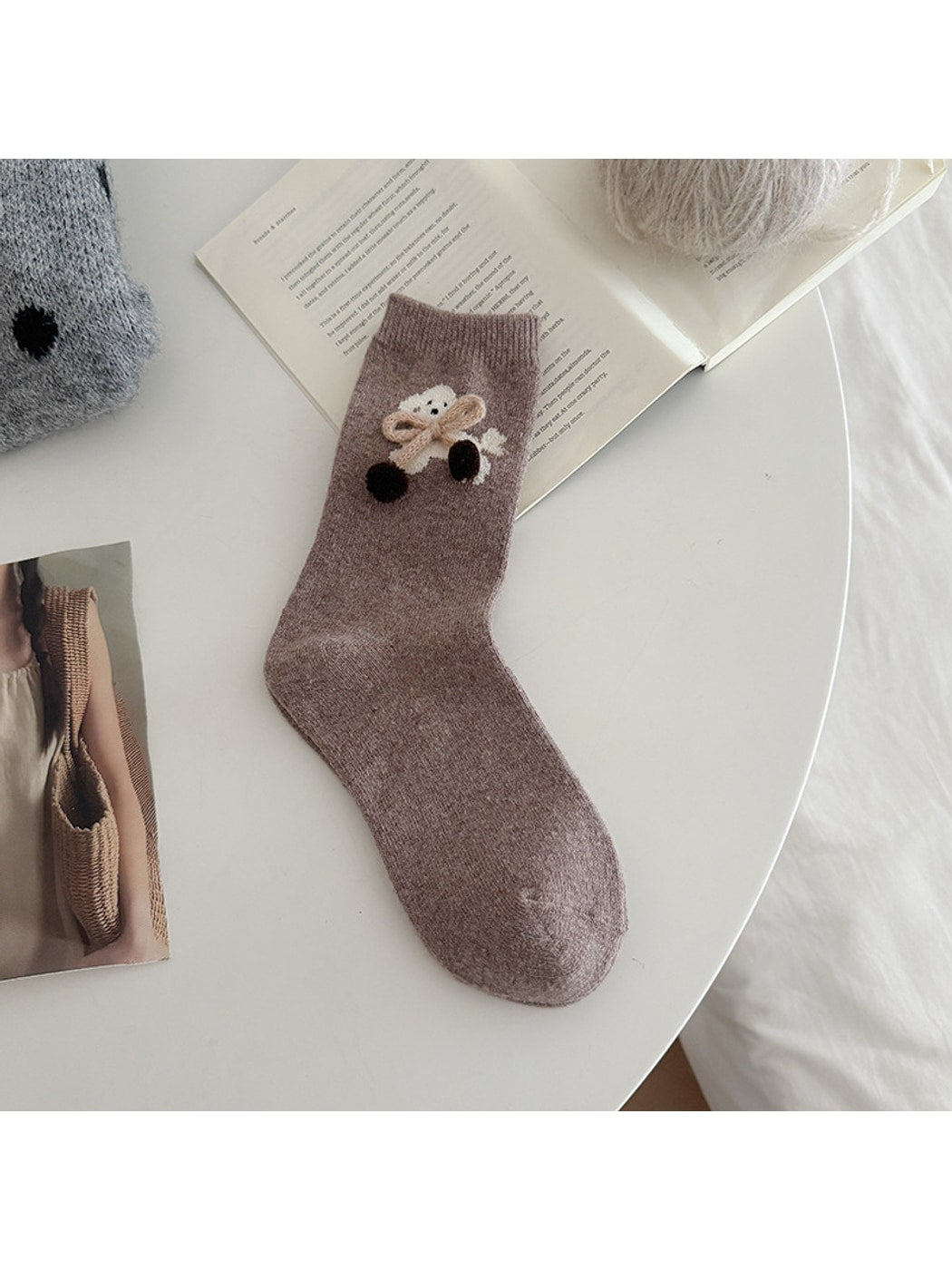 Rufia - Playful Puppy Pattern Plush Bow Crew Socks