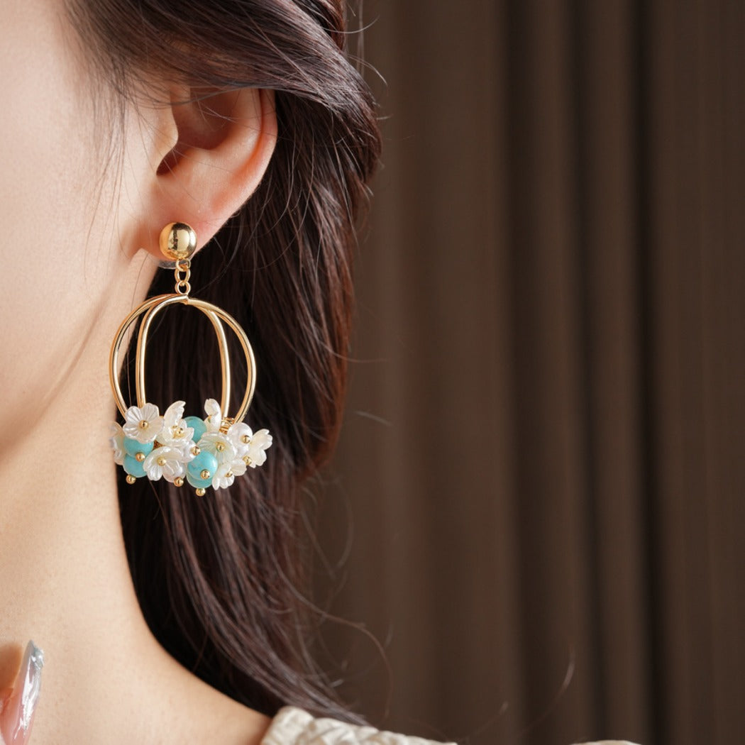 Earwish - Beige Floral Hoop Earrings - Romantic & Charming