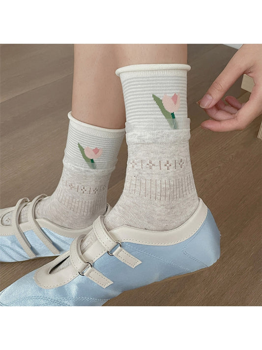 Rufia - Tulip and Cat Patterns Crew Socks