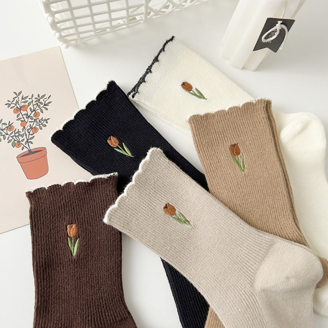 Rufia - Solid-Color Floral Tulip Socks - Sweet & Classic