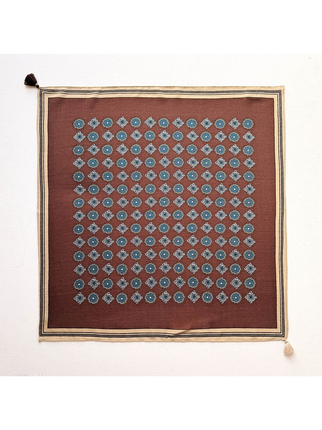 Scarvii - Blue Floral Pattern Tassel Square Scarf