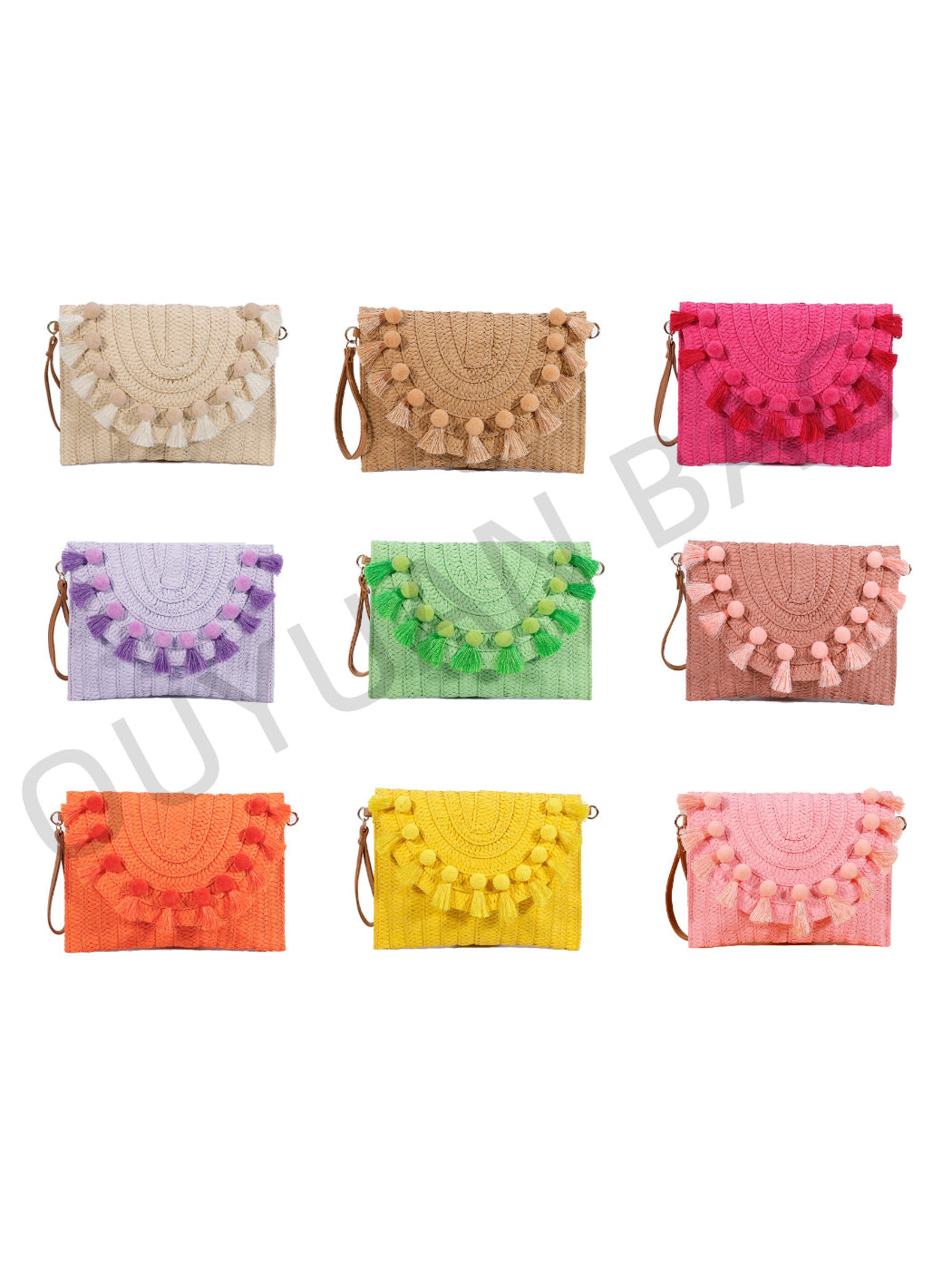 Cosbai clutch bag with tassels displayed flat to show full design