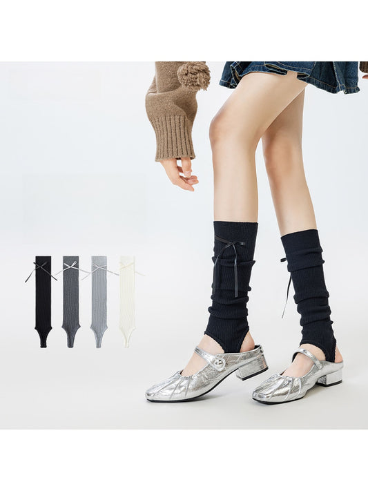 Cozyra - Ribbon-Tie Ribbed Stirrup Leg Warmers