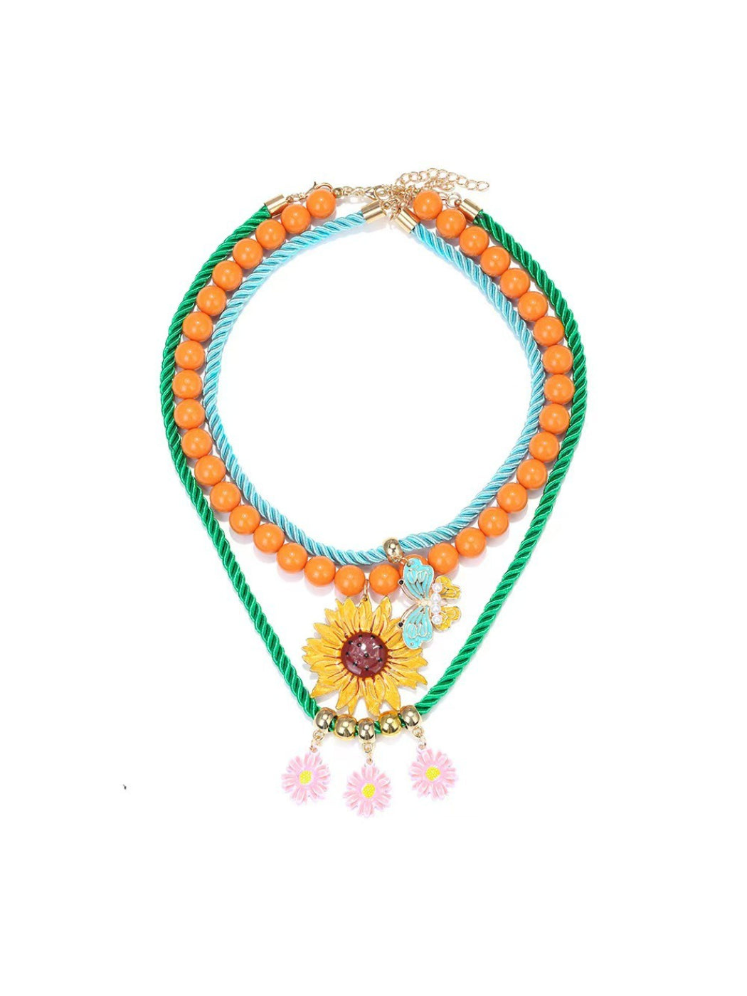 Neckit Sunflower Charm Rope Necklace arranged to show full length and floral charm