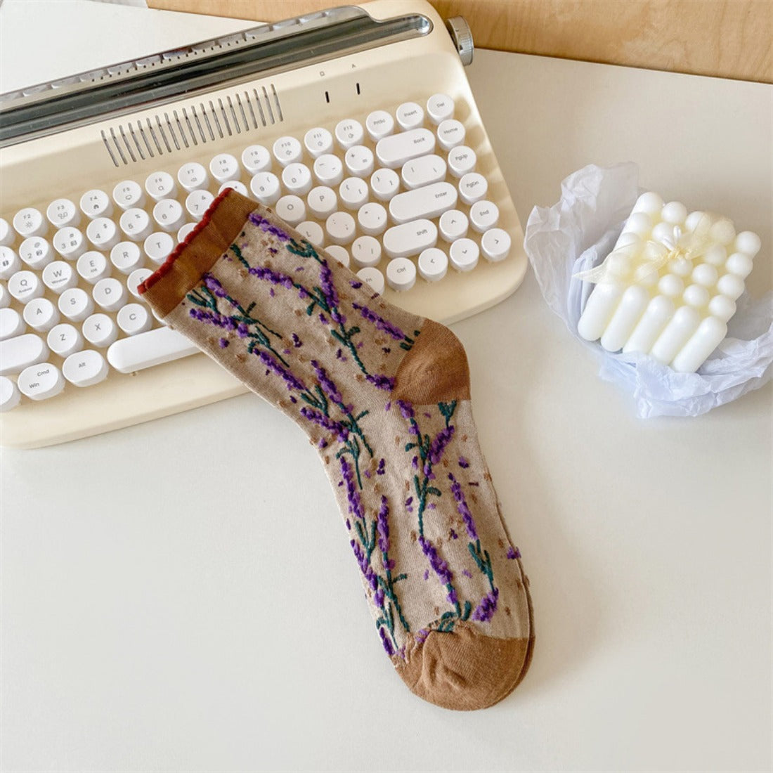 Rufia - Embossed Lavender Floral Mid-Calf Socks