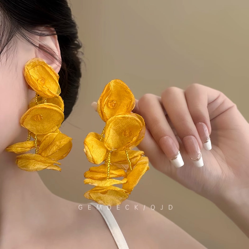Yellow Sheer Floral Tassel Earrings