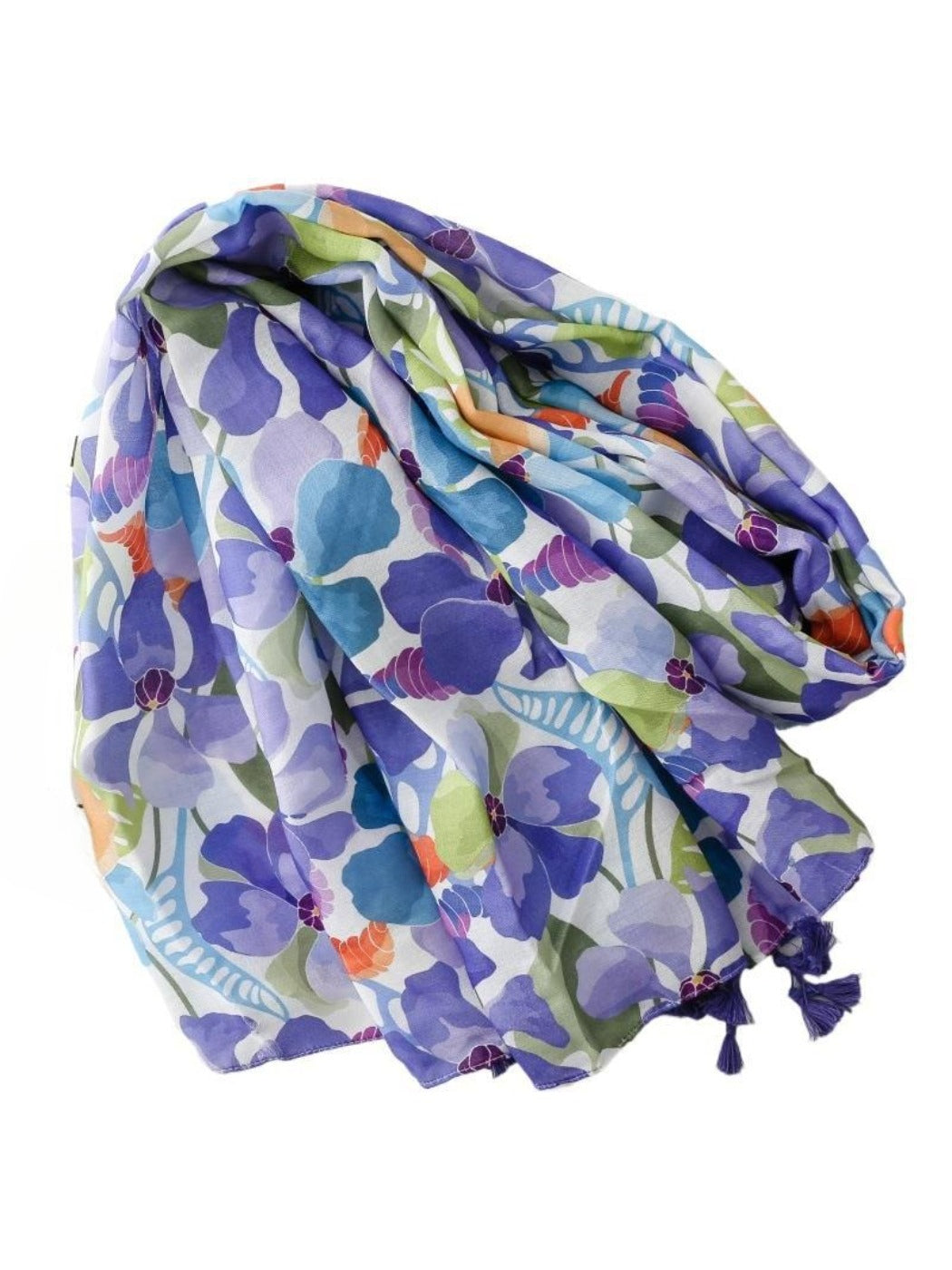 Scarvii Lavender Garden Tassel Scarf laid flat highlighting tassel details