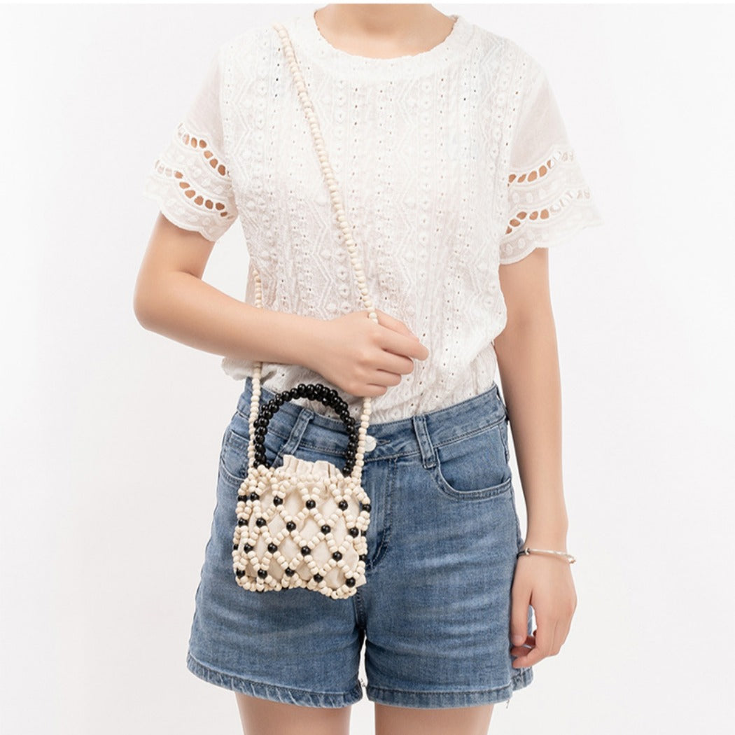 Cosbai - Color-Blocked Wooden Bead Crossbody Bag