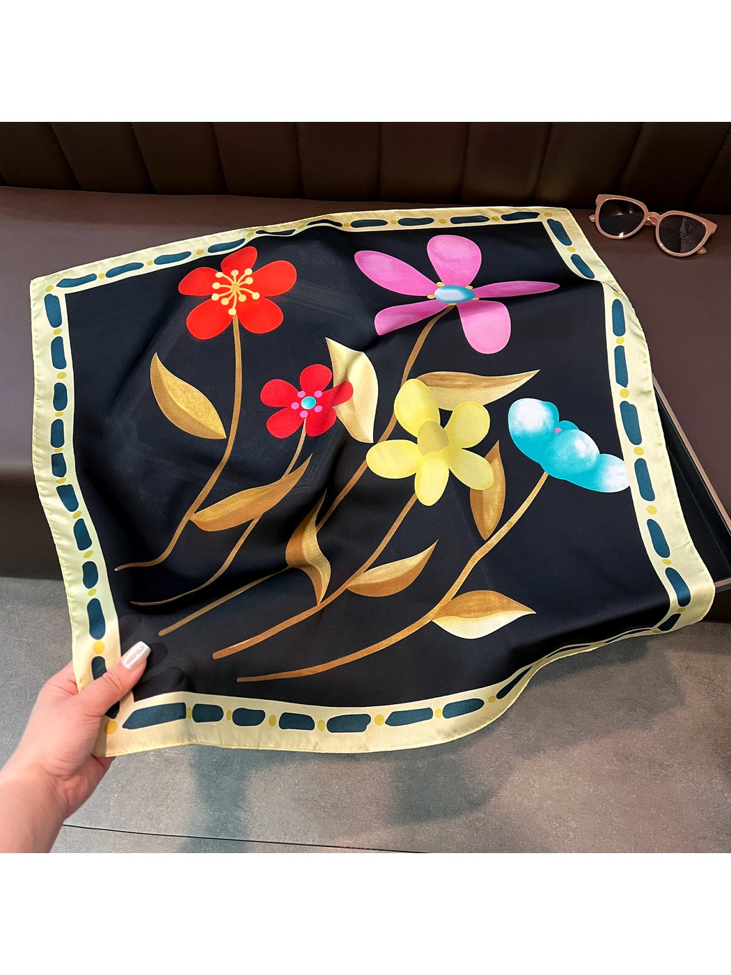 Scarvii - Minimal Floral Print Decorative Square Scarf
