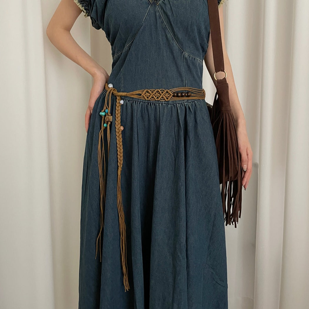 Beco - Blue Beaded Boho Braided Waist Belt