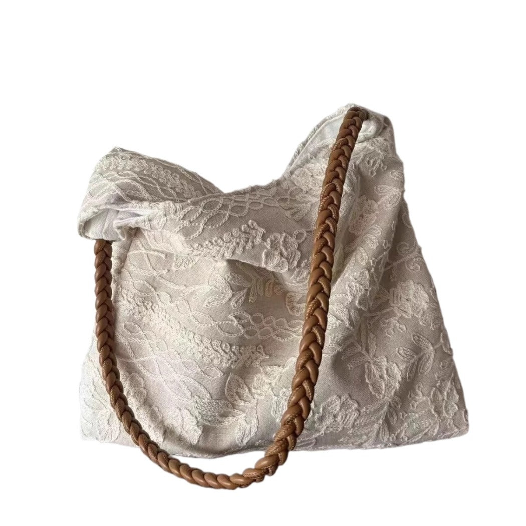 Cosbai - Embroidered Flower Shoulder Tote Bag - Basic & Simple
