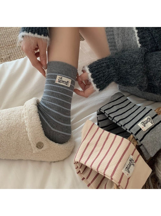 Rufia - Striped Cartoon Puppy Label Casual Crew Socks