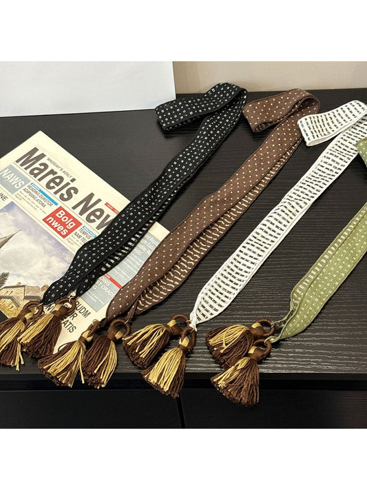 Scarvii - Tassel Decoration Square Dots Narrow Scarf