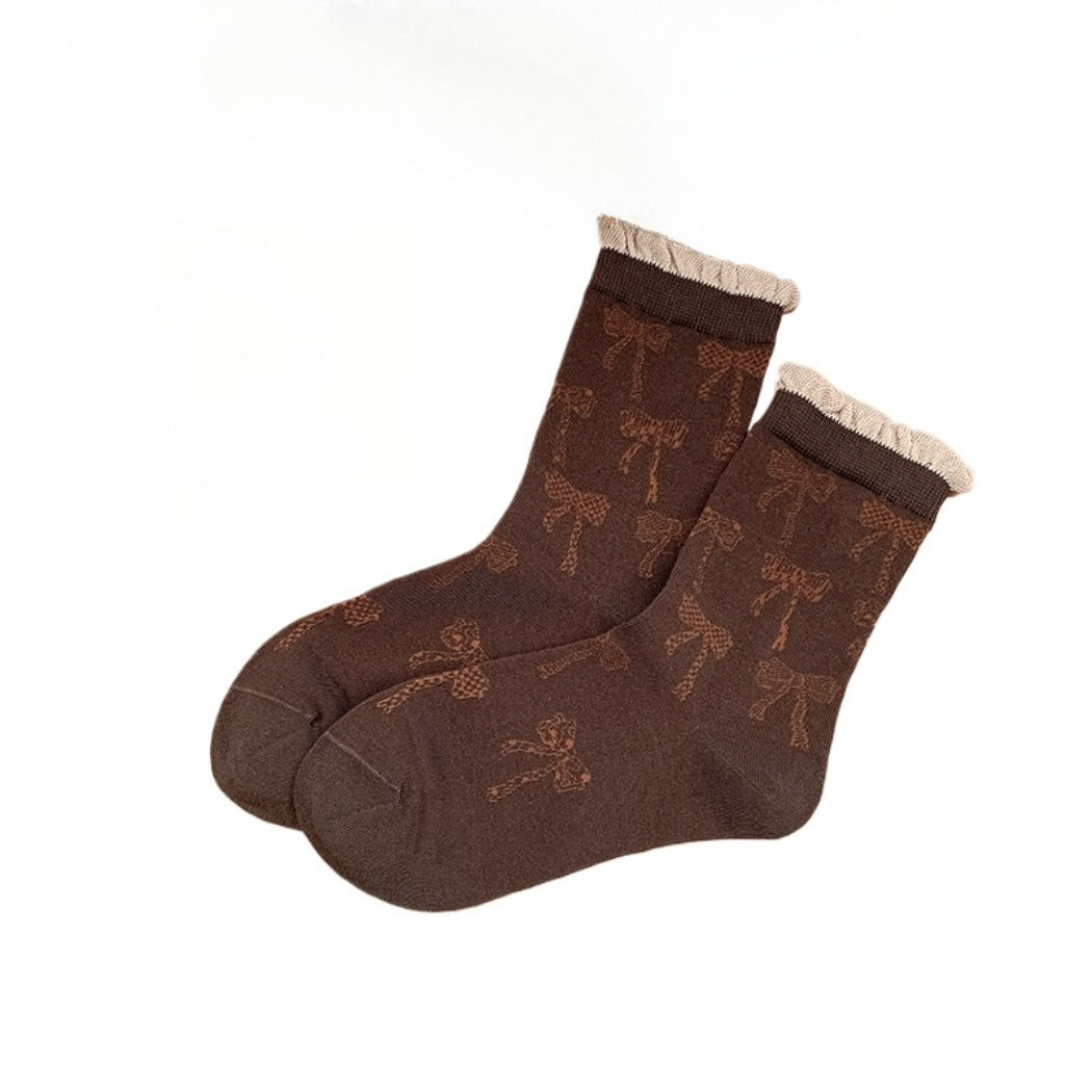Rufia - Retro Doodle Bow Crew Socks - Sweet & Stylish