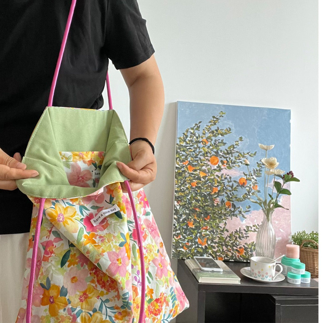 Cosbai pink strap floral tote bag photographed against plain background