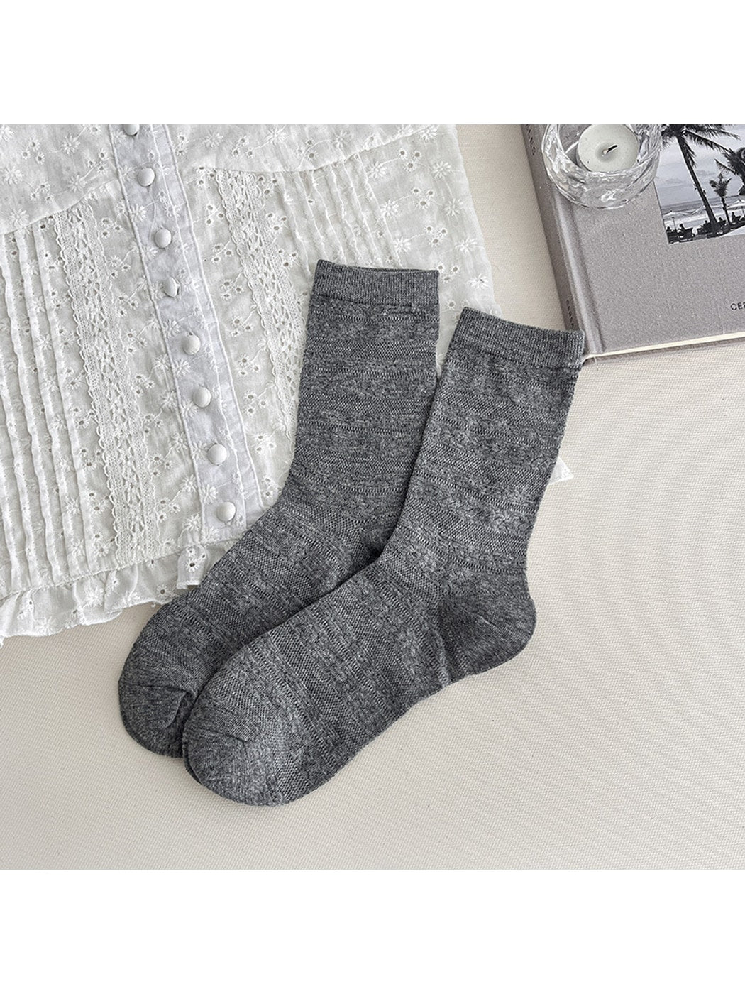Rufia - Gentle Muted Geometric Openwork Crew Socks